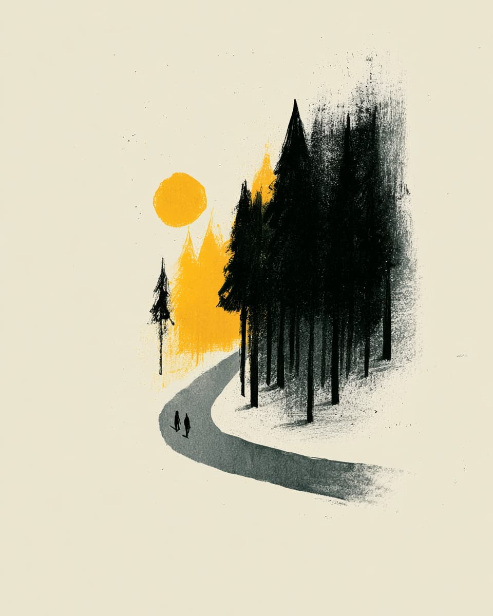 Illustration: Waldweg mit Sonne, Bäumen und Figuren. Landschaftskunst, minimalistisch.