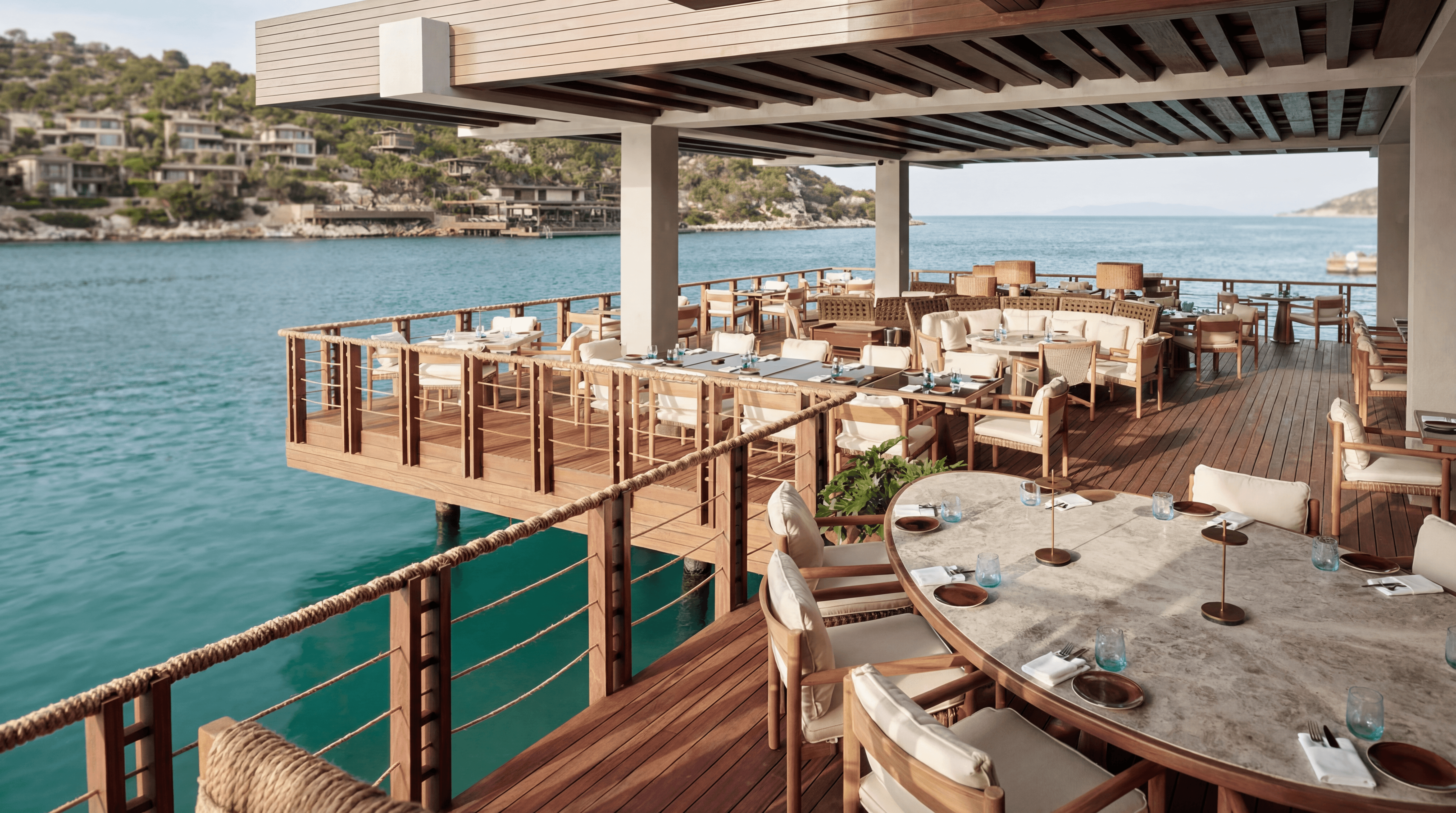 Spago restaurant terrace at Maxx Royal Bodrum overlooking the Aegean Sea with elegant outdoor dining setting