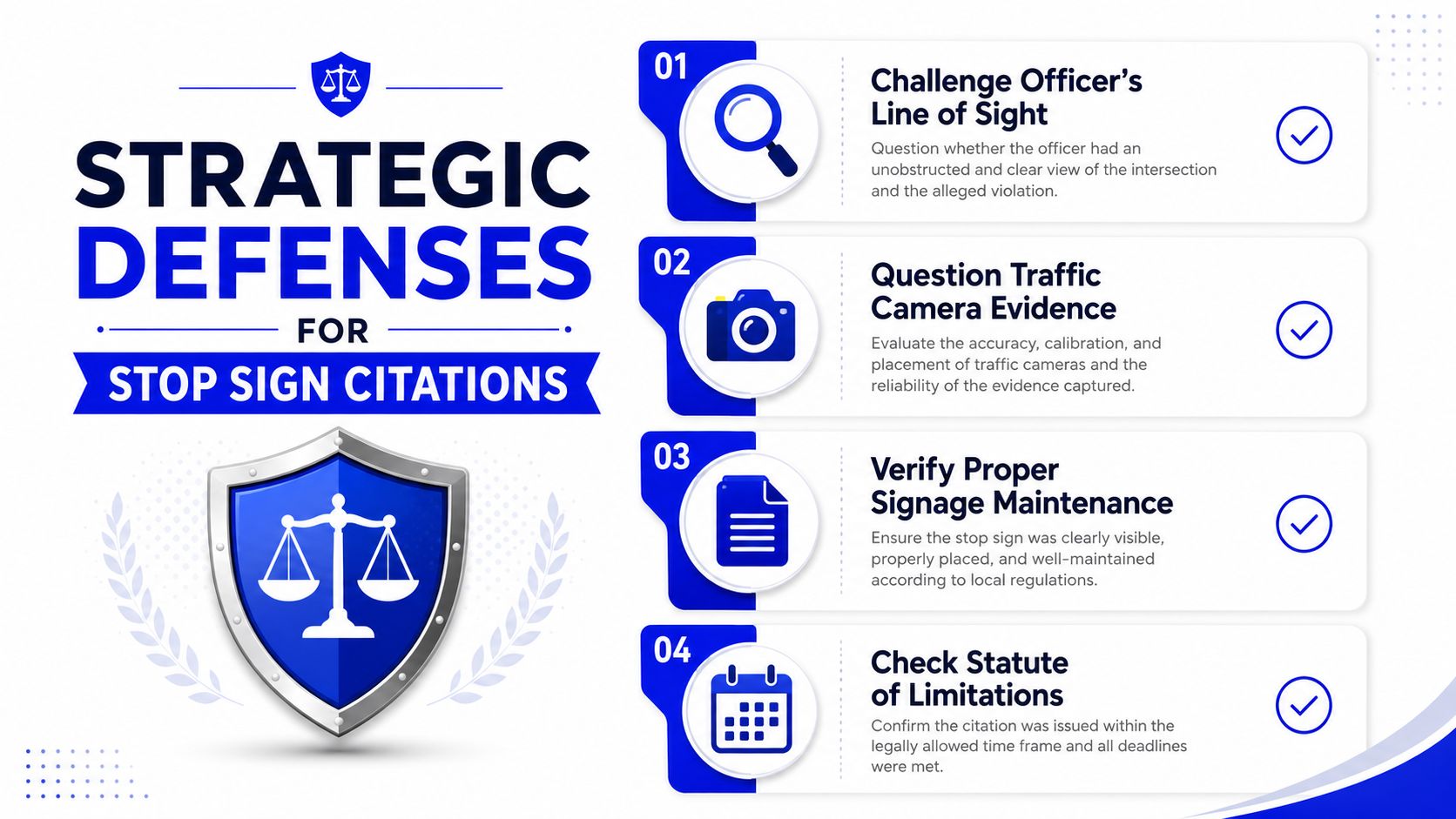 An infographic showing four strategic defenses for fighting stop sign traffic citations in a legal context.