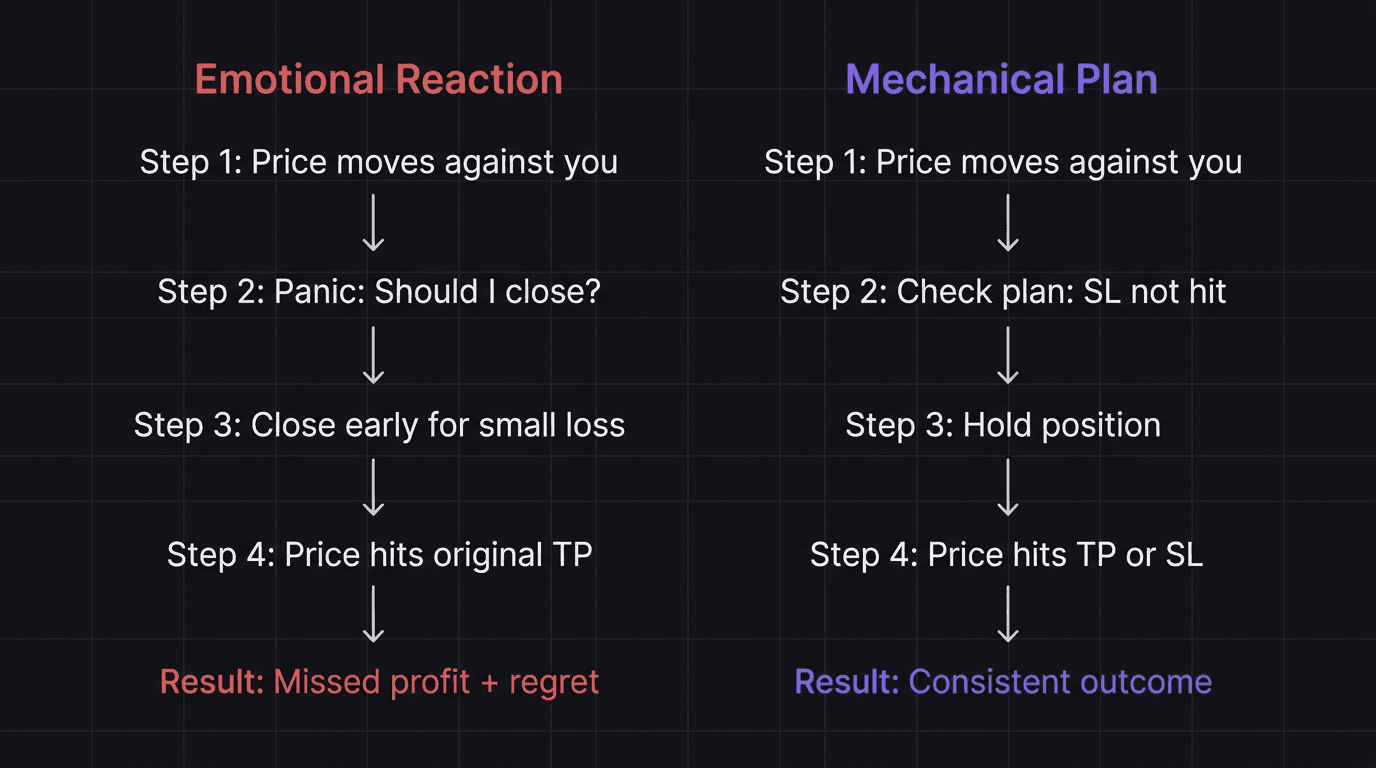 Flowchart showing decision path with mechanical plan vs emotional reaction