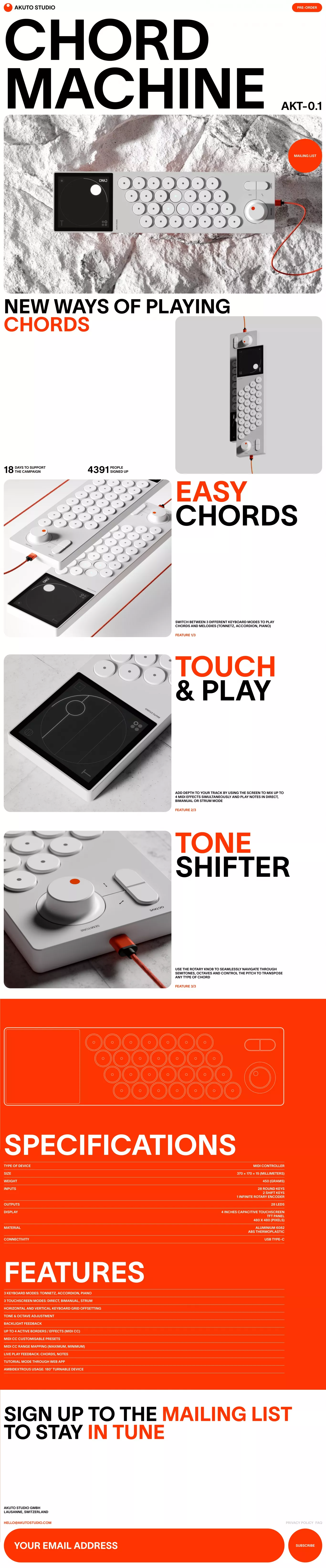 Akuto Studio · Chord Machine AKT-0.1 landing page screenshot showcasing Tech and Music design