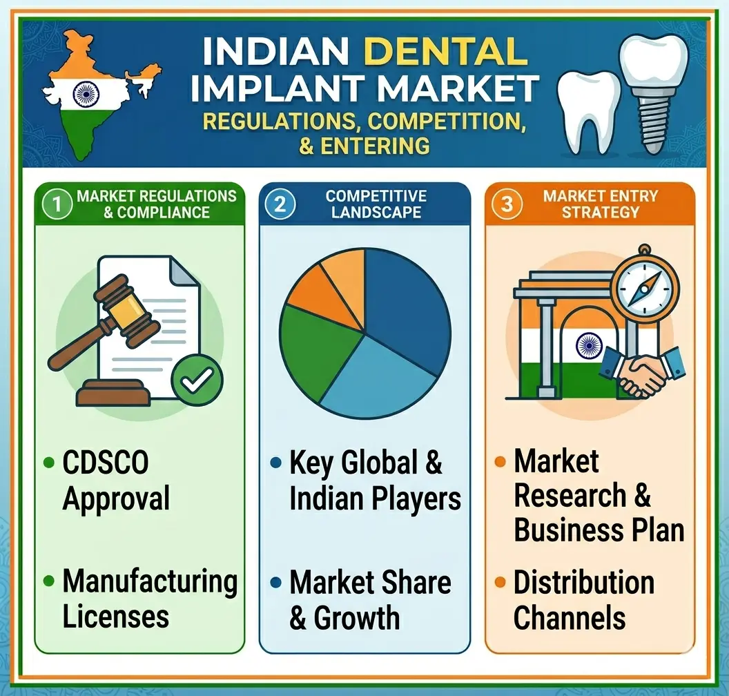 Infographic showing market growth projections for dental implants in India (2025–2035), regulatory icons for CDSCO, logos of key competitors like Straumann and Osstem, and entry strategy steps such as registration and distribution.