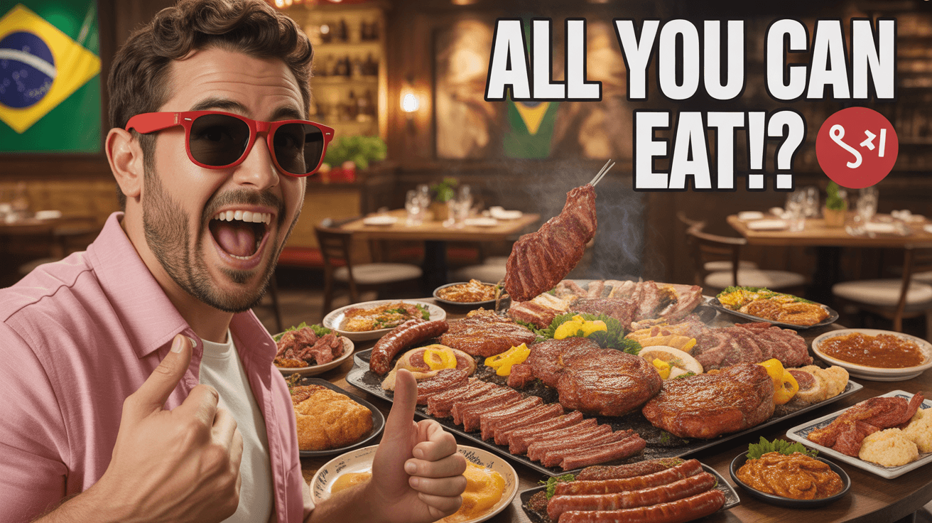 Excited man beside a Brazilian BBQ feast with All You Can Eat headline in a churrascaria