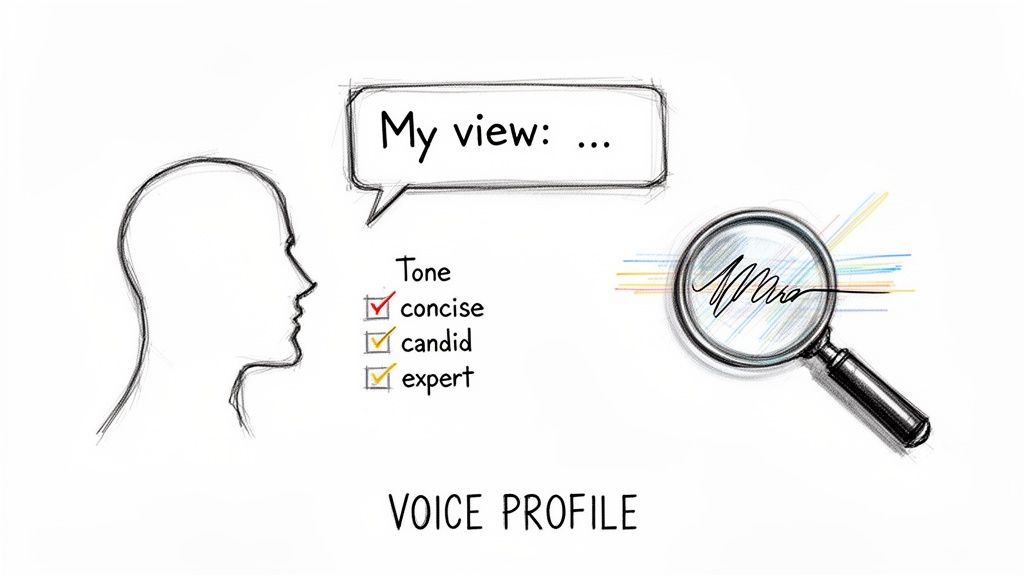 A diagram illustrating a 'Voice Profile' with tone settings (concise, candid, expert) and a magnifying glass analyzing language.