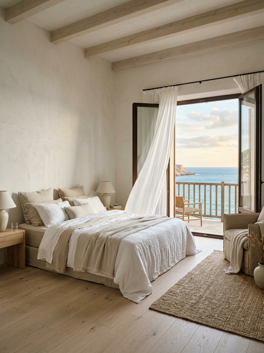 A bedroom opening to the sea