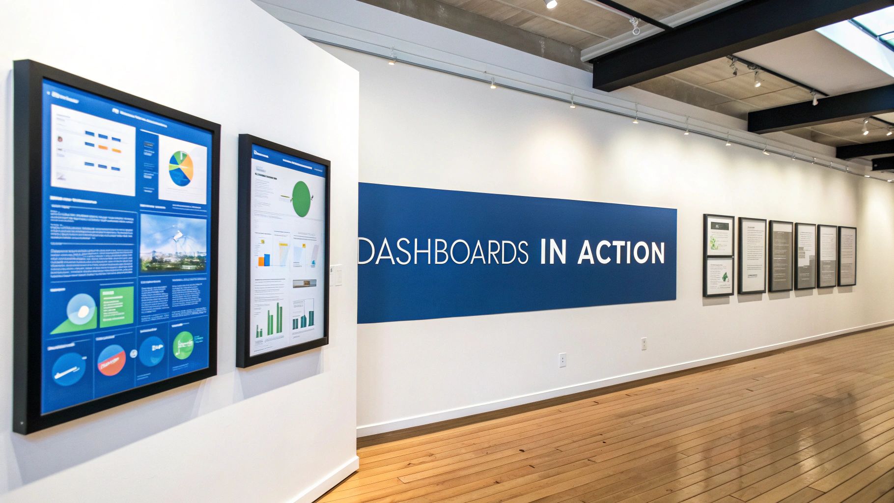 An exhibition space showcases two large digital screens displaying vibrant data visualization dashboards, alongside a 'DASHBOARDS IN ACTION' banner.
