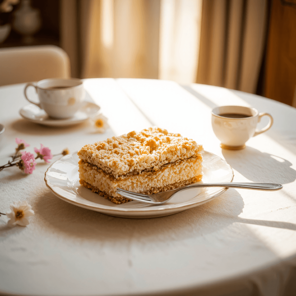 product photography of a piece of crumbly dessert on a decorative plate