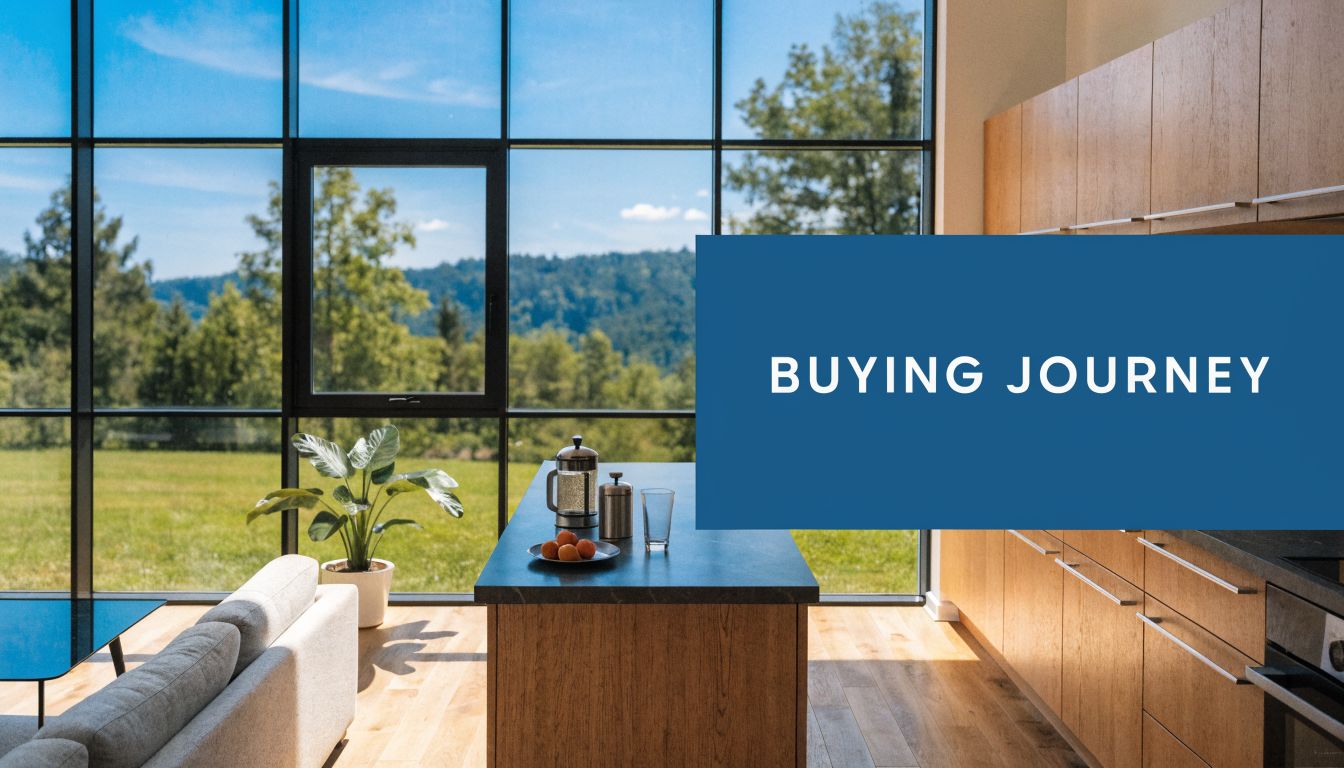 A modern kitchen interior with wooden cabinets, a large island, and floor-to-ceiling windows showing scenic nature.