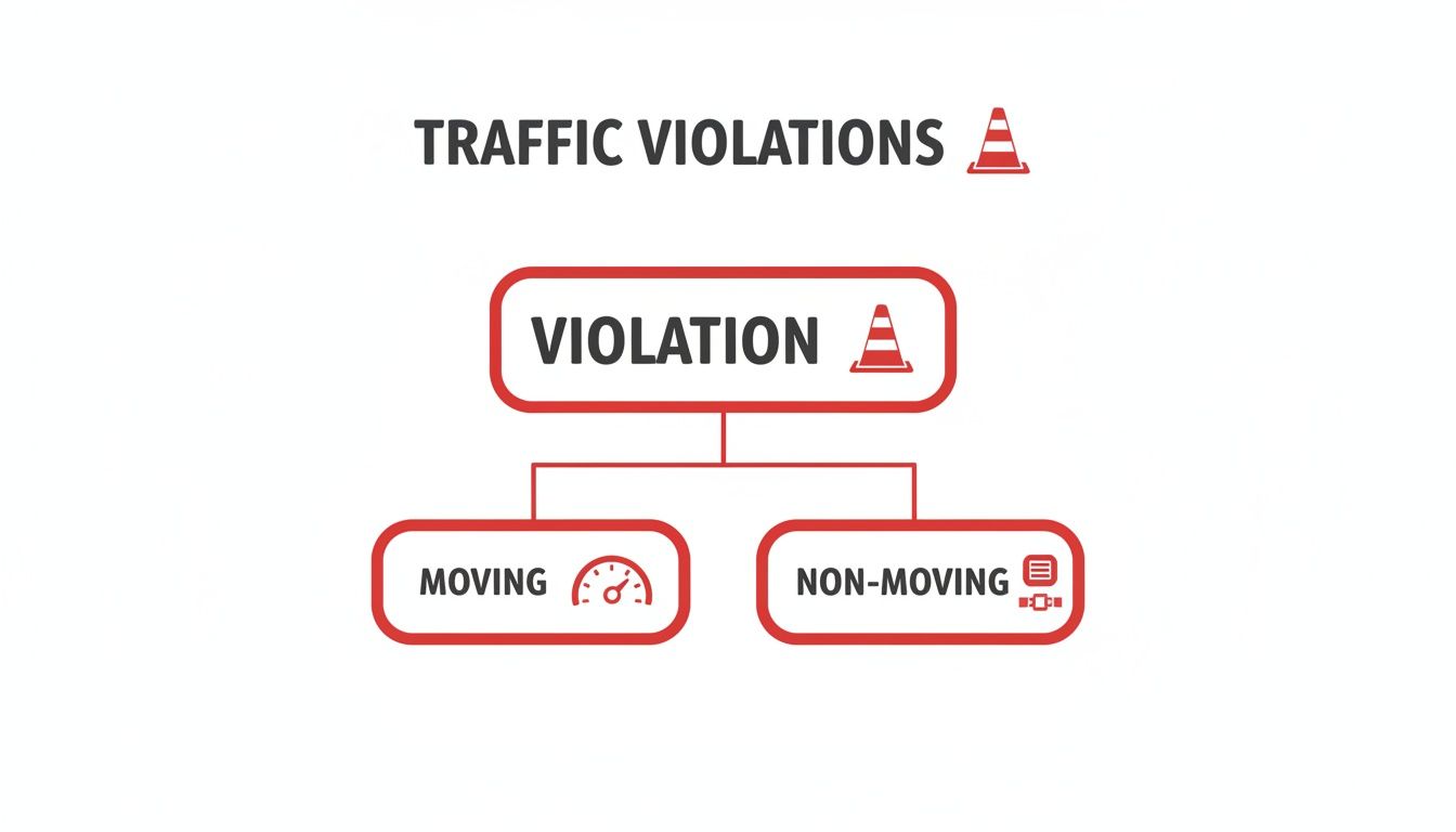 A flowchart diagram illustrating traffic violations, categorized into moving and non-moving types with icons.