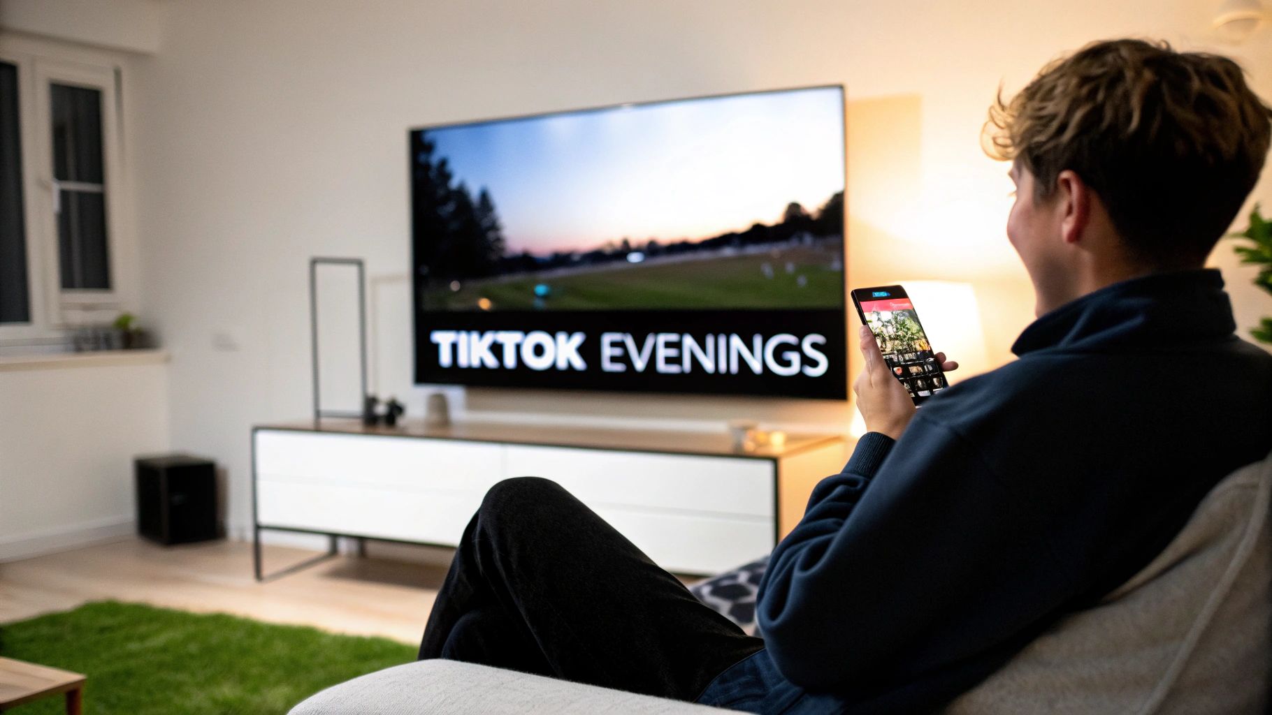 A person relaxed on a couch, scrolling a smartphone, with a TV displaying