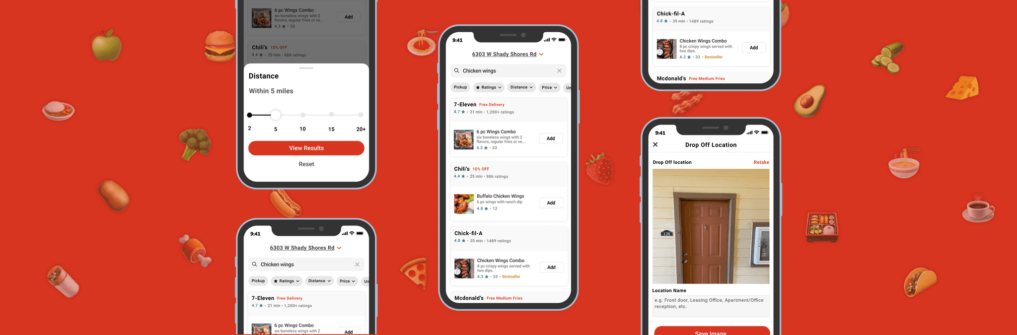 Sneak peak of the project showcasing four mobile mockup with different ui of doordash redesign.