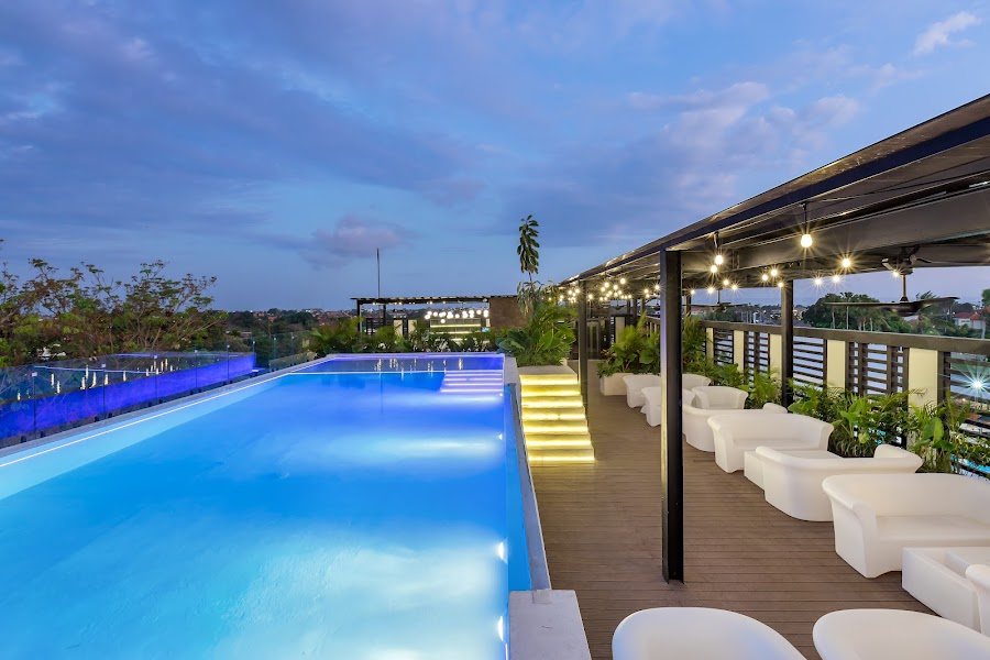 Rooftop pool at a completed Alex Villas complex in Canggu, Bali, at dusk