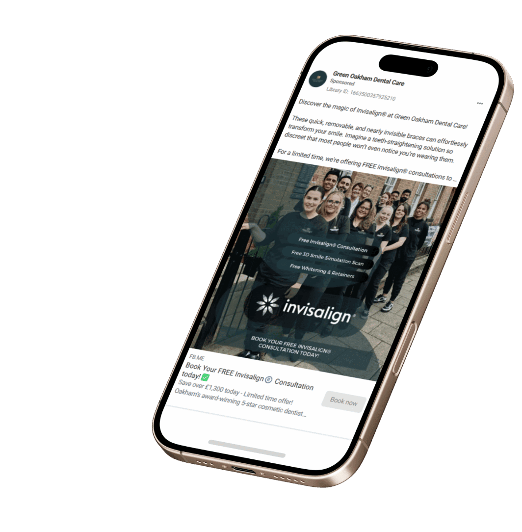 A close-up of a phone displaying an advert for Invisalign from Green Oakham Dental Care. The advert, created by Nimble Media, features a clean and professional design promoting clear aligner treatment.