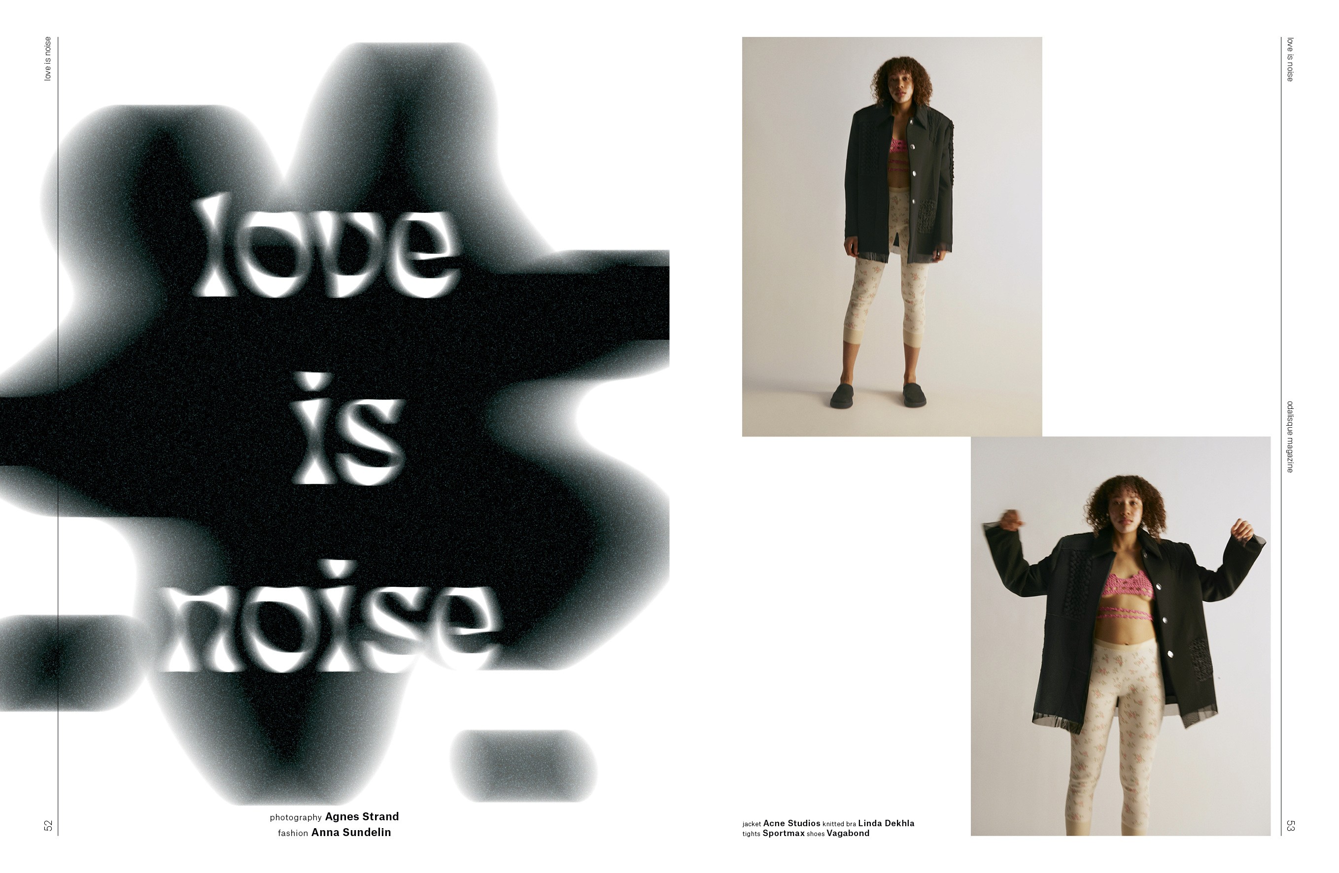 A fluid black shape behind white lettering, paired with two fashion photographs on a pale background.