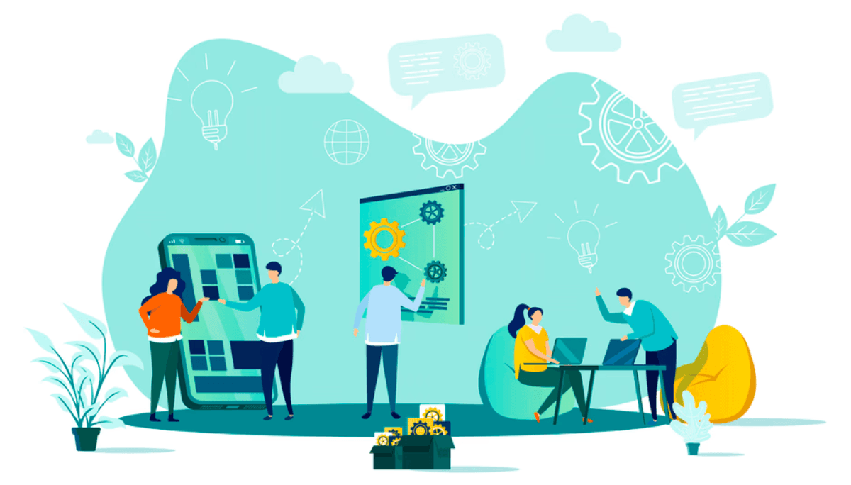 Startup team collaborating on software projects with mobile interfaces, gears, and laptops, representing strategies for hiring developers to build innovative tech products and scale growth.