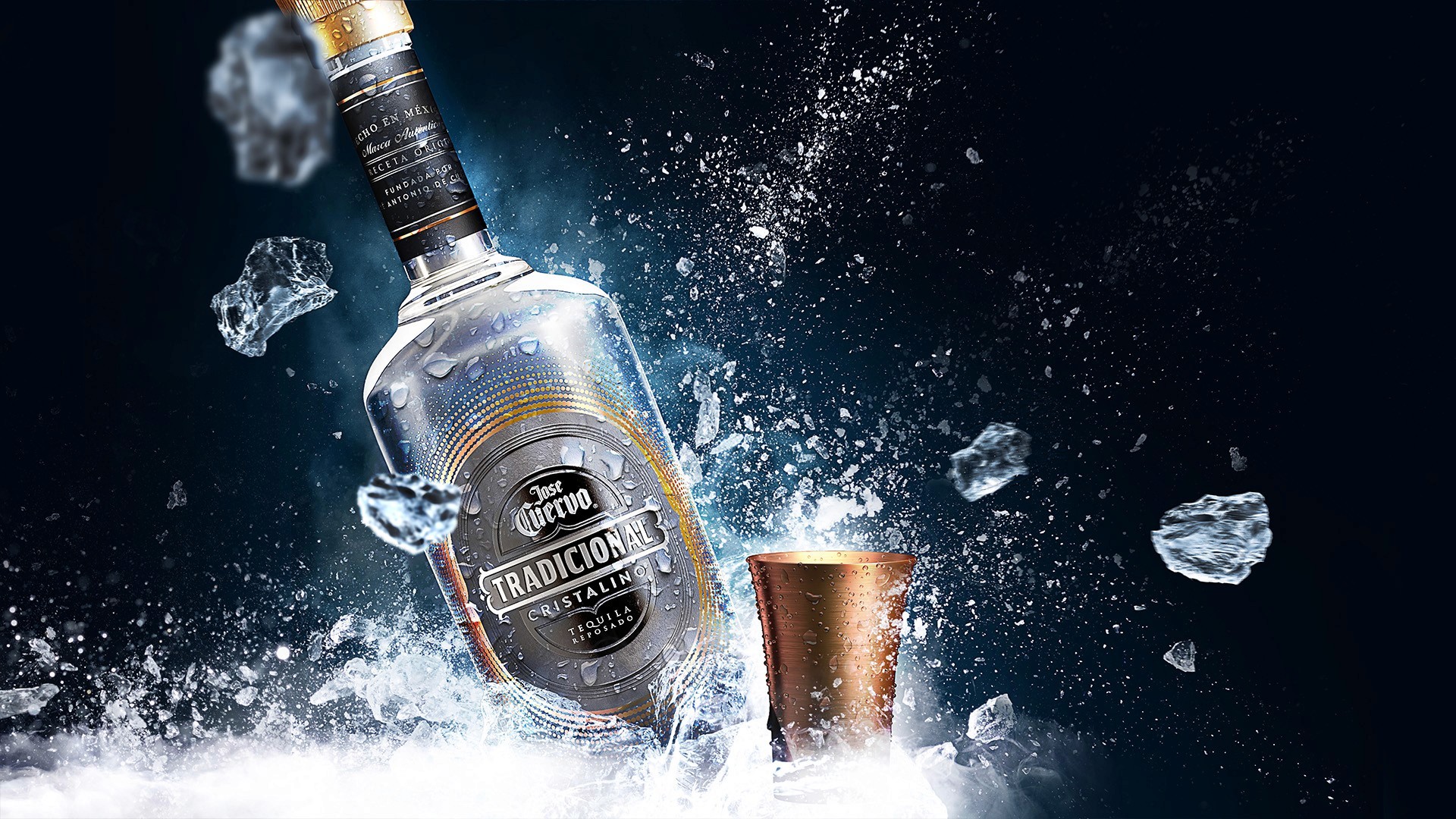 Hero image for Jose Cuervo Tradicional Cristalino featuring a cinematic splash of ice and liquid with expert retouching.
