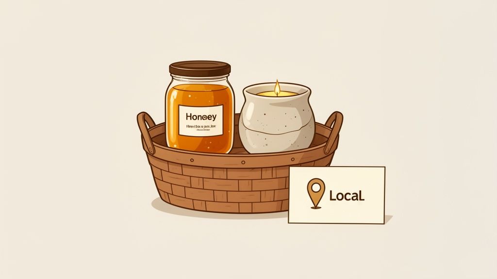 A rustic woven basket holds a jar of honey, a lit candle, and a 'Local' sign.