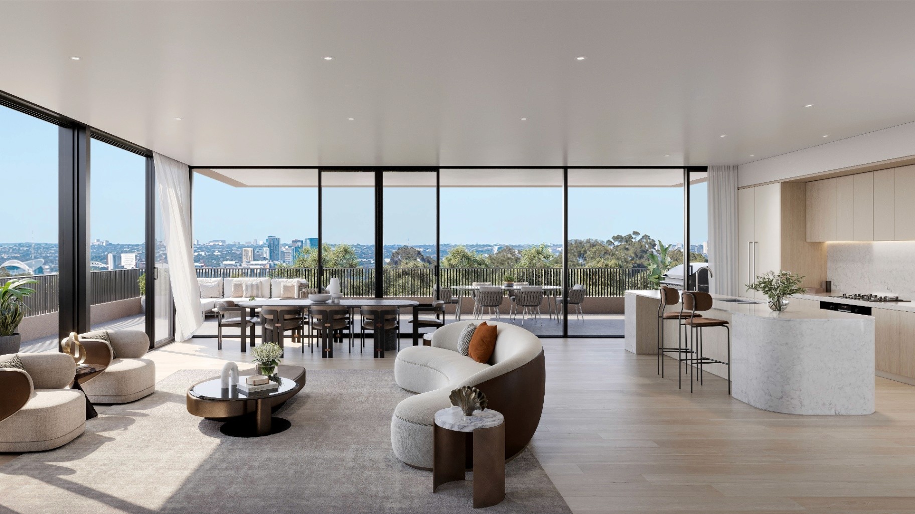 Spacious open-plan living area with panoramic views and indoor outdoor flow at Blossom Carlingford, own sooner with Coposit $10K deposit