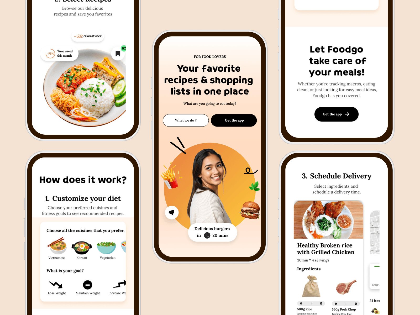 A user interface mockup from the Foodgo website with a clean white and beige background. The bold heading reads 'Let Foodgo take care of your meals!' followed by subtext about tracking macros and eating clean. To the right, a minimal graphic element features a light beige circle intersecting with a small yellow circle at the edge of the card.