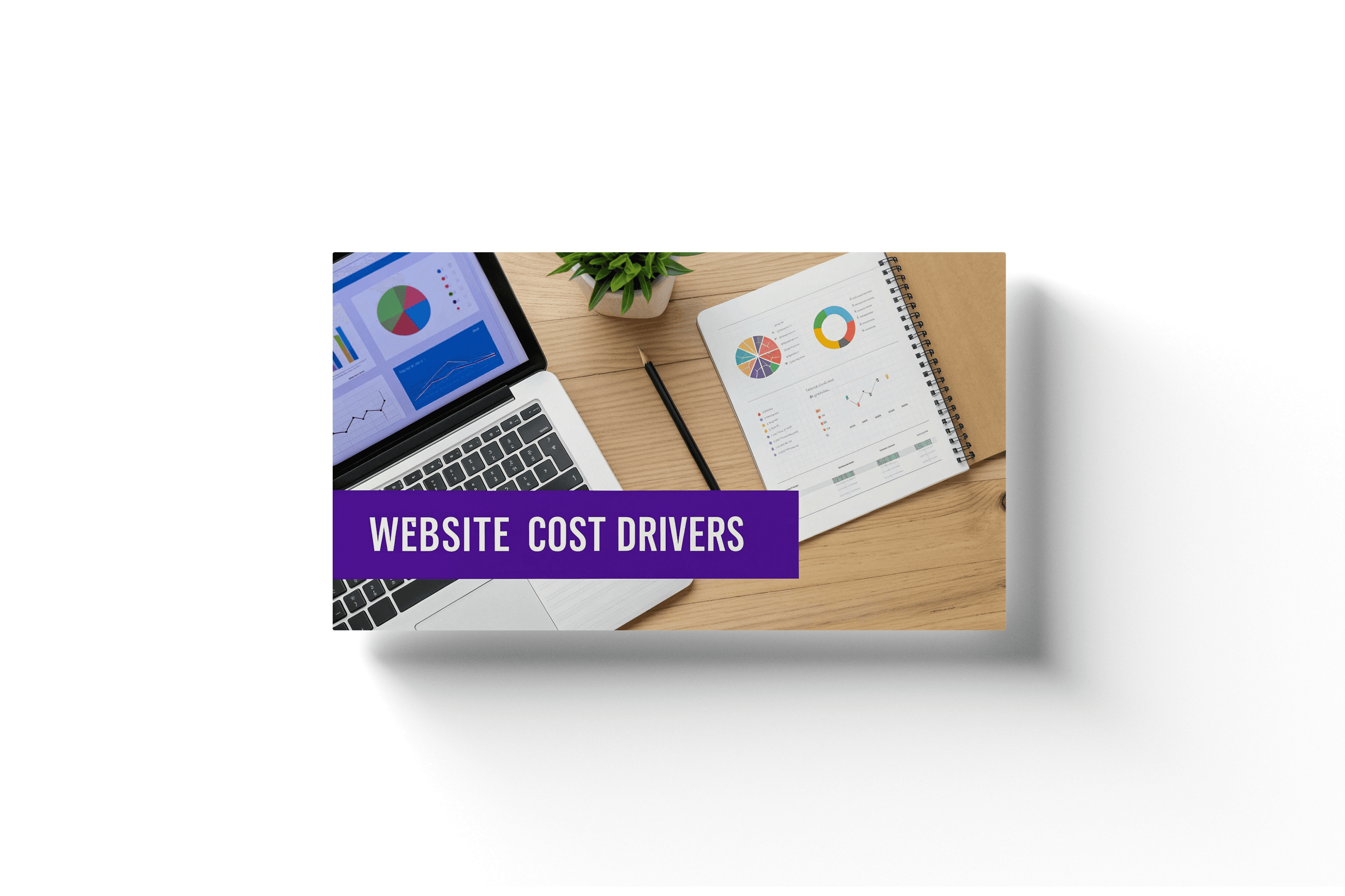 a document on a wooden desk with purple background text 'website cost drivers'