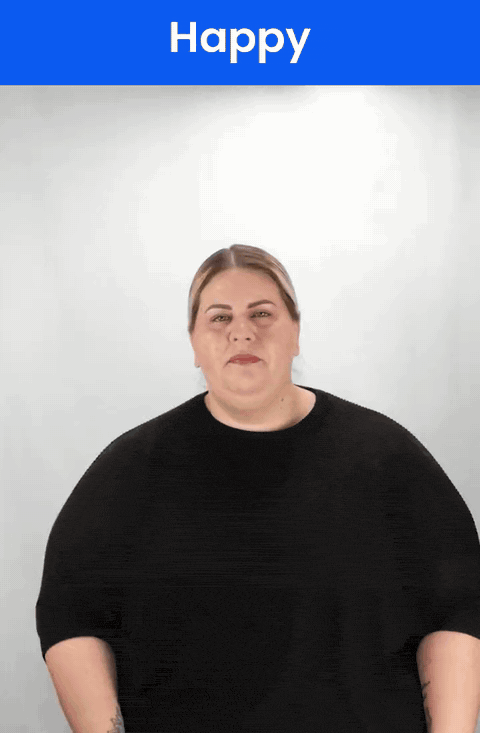 Animated GIF: a Deaf signer signs HAPPY in ASL, a flat hand brushing up the chest twice.