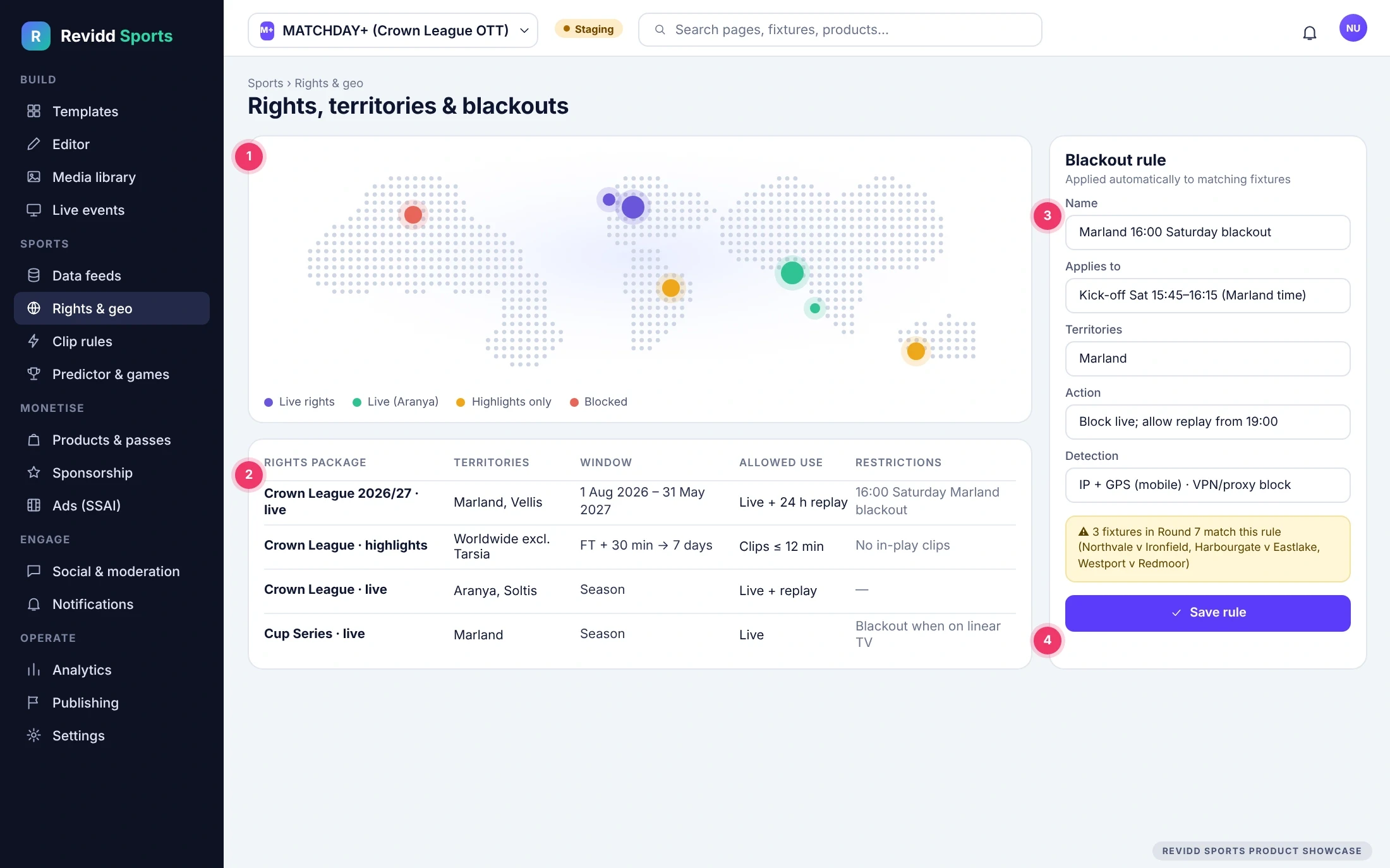 Revidd Sports CMS rights map and blackout rule editor