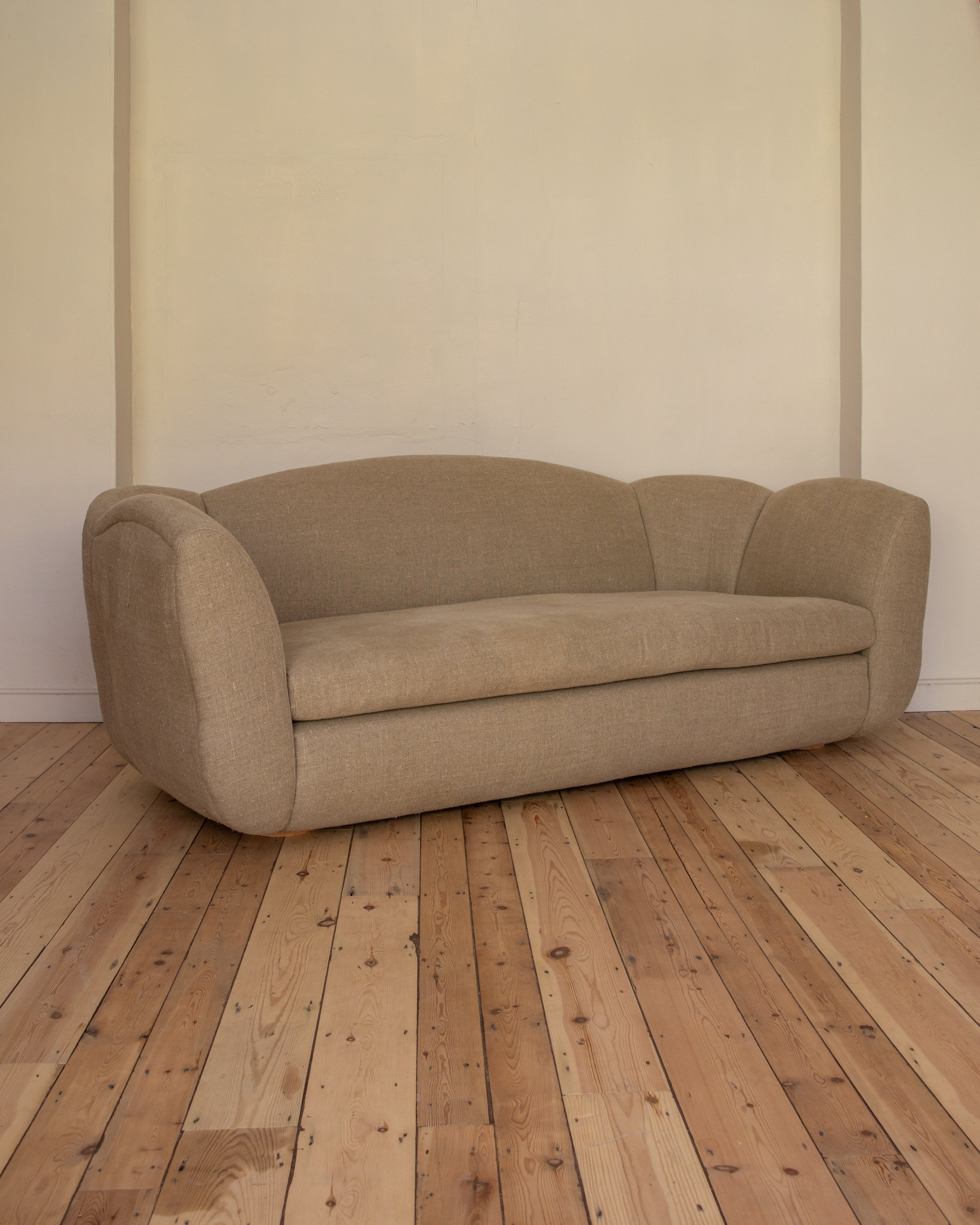 Wilkinson & Rivera Bay Sofa in Raw Linen in showroom setting