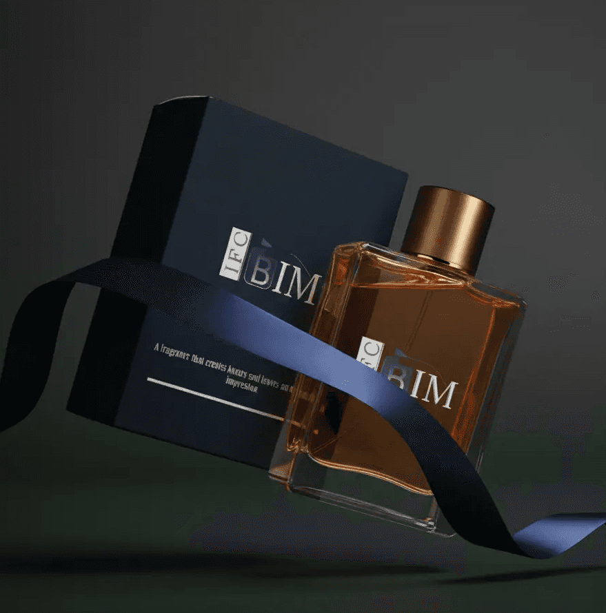 A bottle of BIM perfume in a dark blue box, with a dark blue ribbon. The perfume is amber colored and the box has a minimalist design.