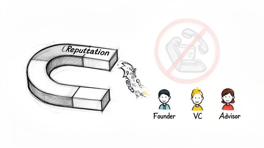 A magnet labeled 'Reputation' attracting founders, VCs, and advisors, signifying inbound leads over cold outreach.