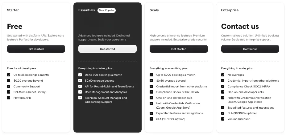Calendly alternative pricing comparison showing Free, Essentials, Scale, and Enterprise plans with features and get started buttons