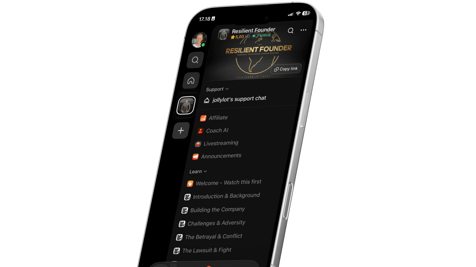 Happy woman in a green sweater holding a phone and looking up