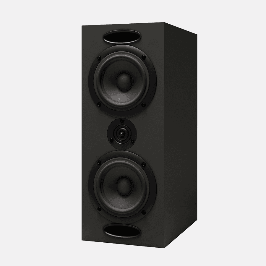 Black tall speaker with two woofers, one tweeter