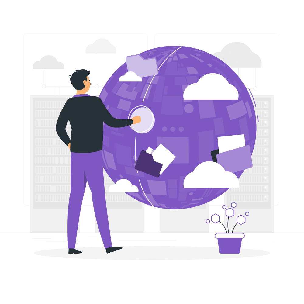 An illustration of a man standing in front of a large globe.