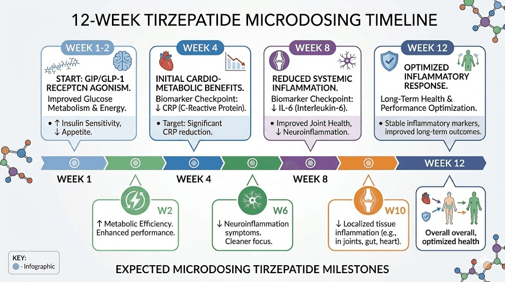 Microdosing tirzepatide for inflammation results timeline week by week