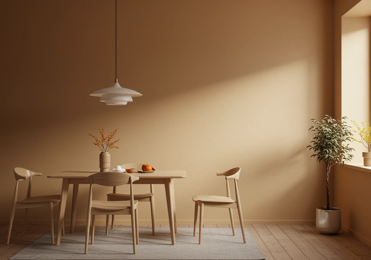 Zen-inspired minimalist dining area with neutral walls and simple wooden furniture