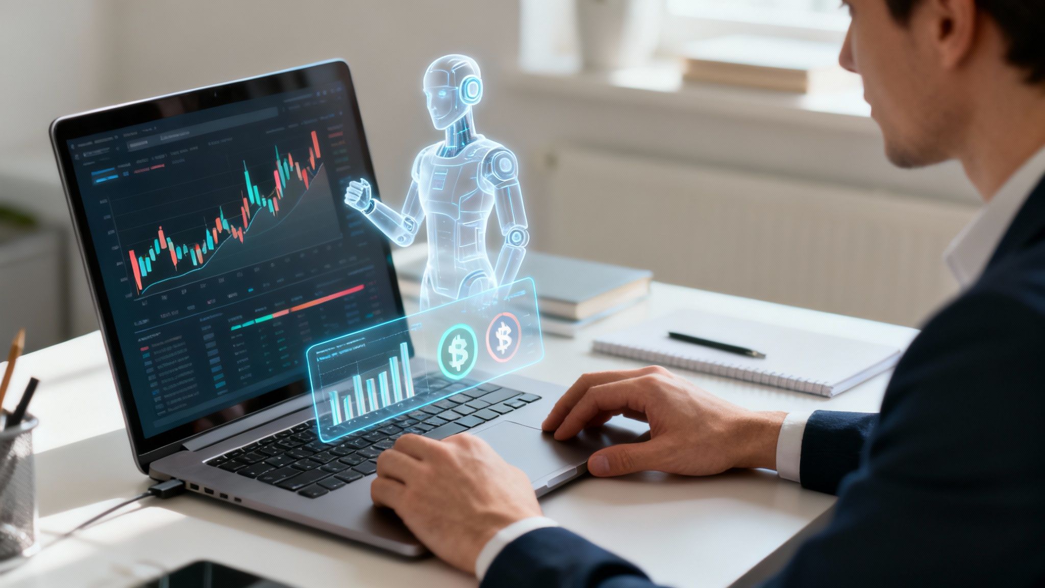 A man interacts with a holographic AI robot presenting financial data on a laptop, showing stock charts.