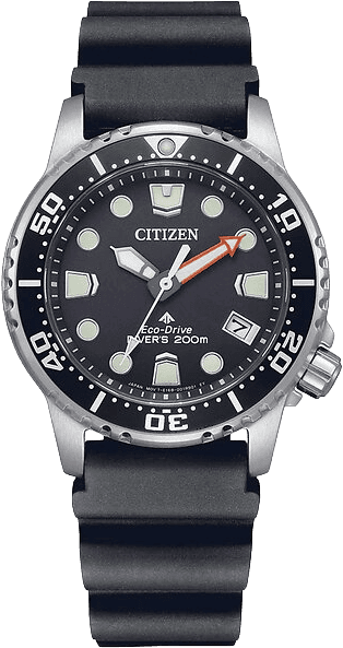 Citizen Eco-Drive EO2020-08E solar dive watch with a black dial, green-and-black bezel and black rubber strap.