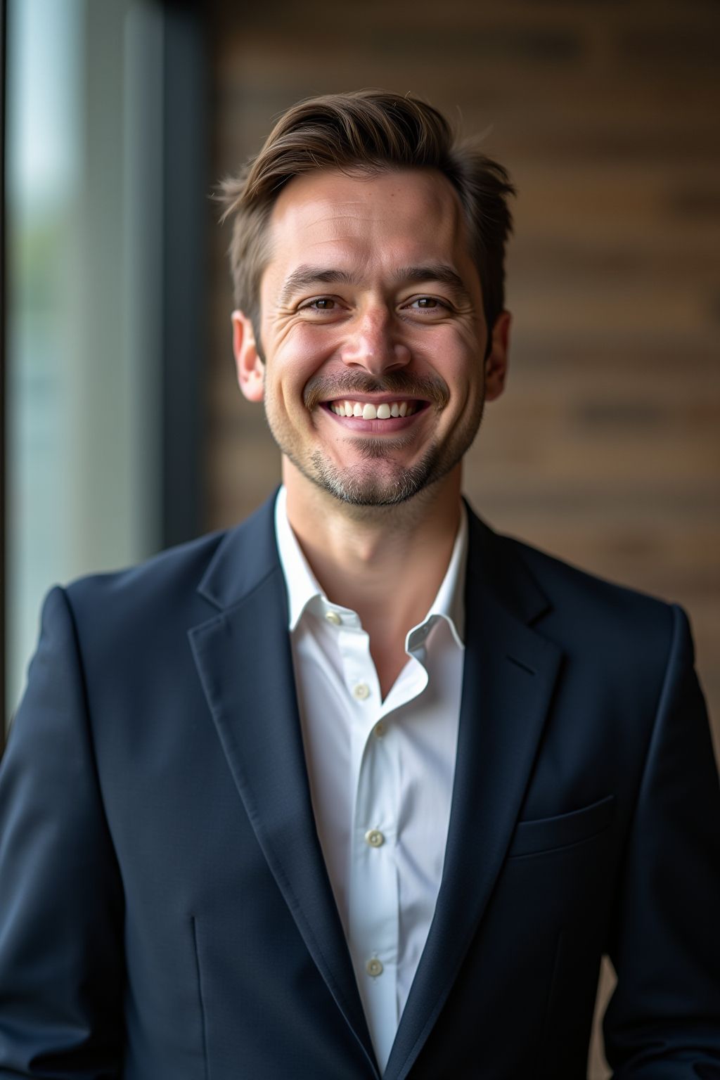 A man in a dark suit and white shirt smiles warmly, standing in a well-lit room with a wooden wall background, conveying a friendly and professional tone.