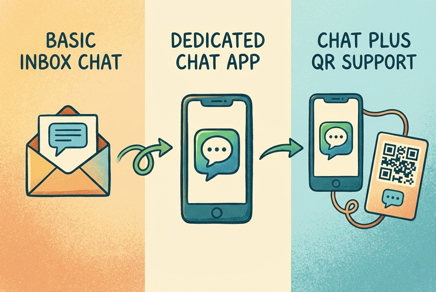 Comparison of inbox chat, dedicated chat apps, and AI chat with QR support