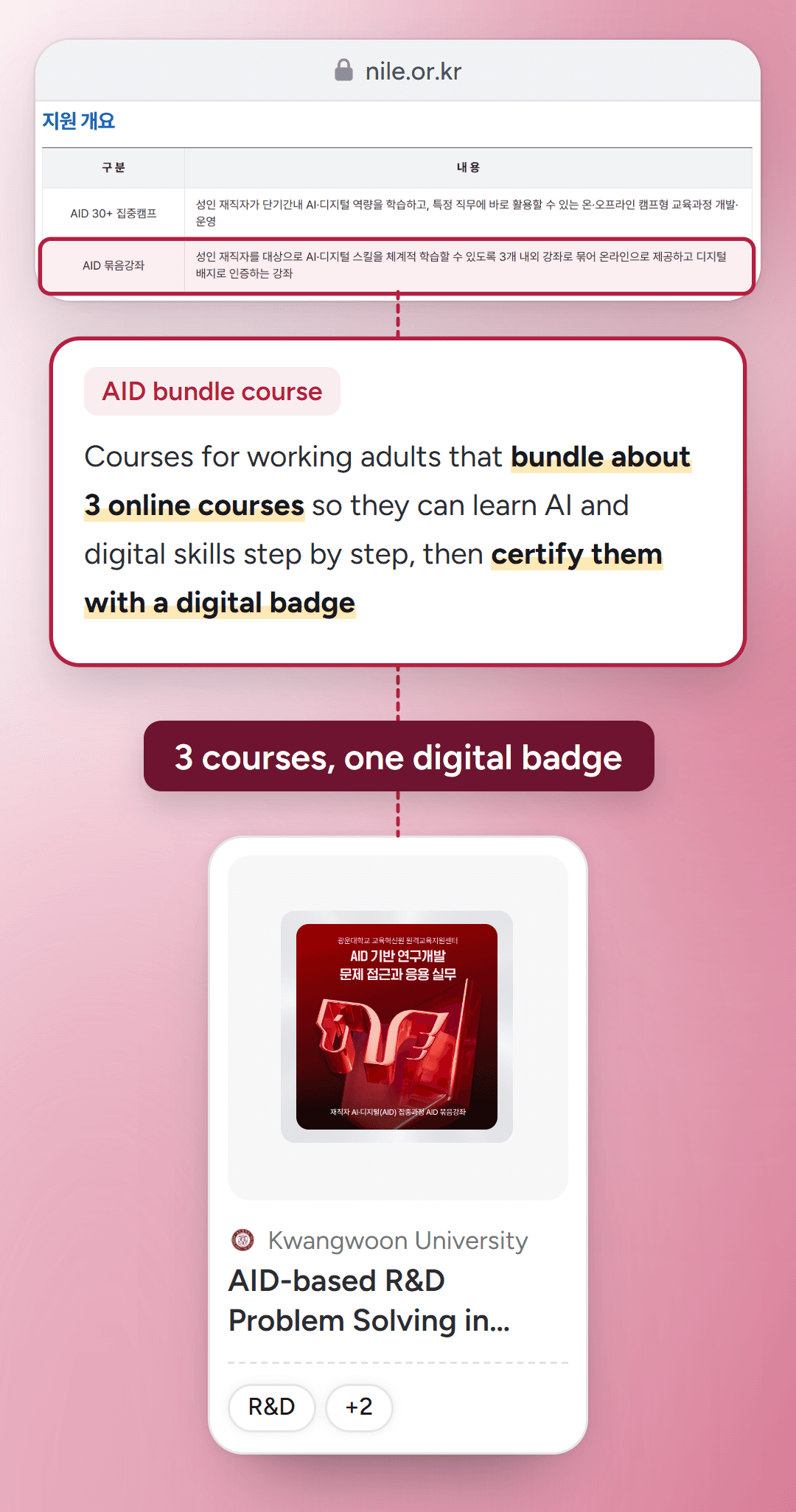 NILE's overview table of the AI·Digital (AID) intensive program for working adults: an AID bundle course groups about three courses and certifies them with a digital badge