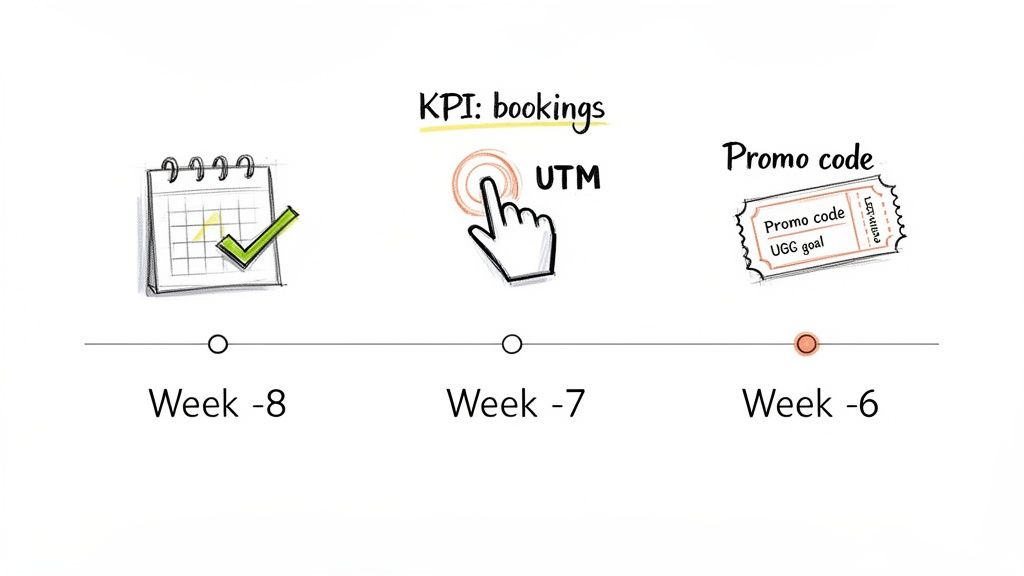 A timeline illustrating influencer marketing strategies with calendar, UTM tracking for bookings, and promo codes.