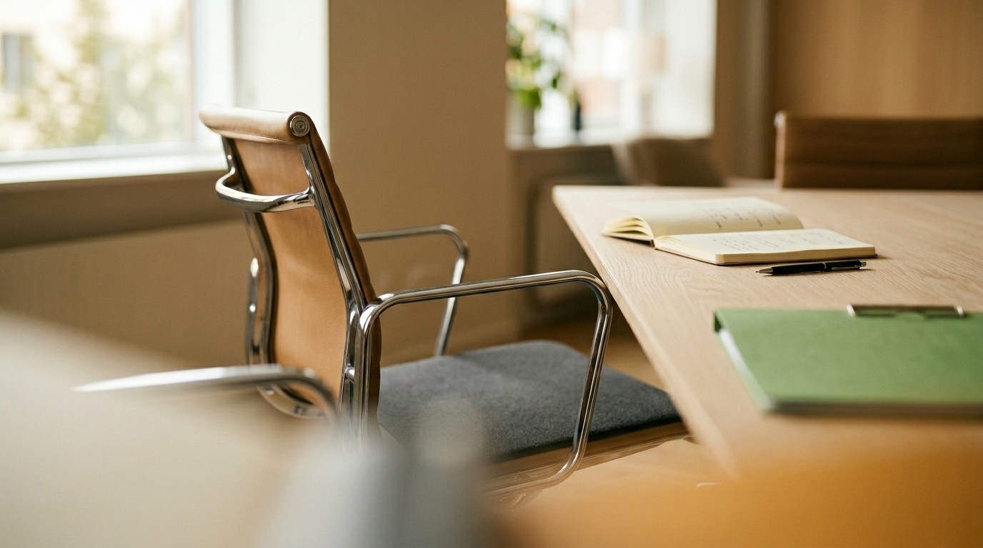 Sunlit meeting room with a leather office chair, an open notebook and pen, and a green folder on a light wood table
