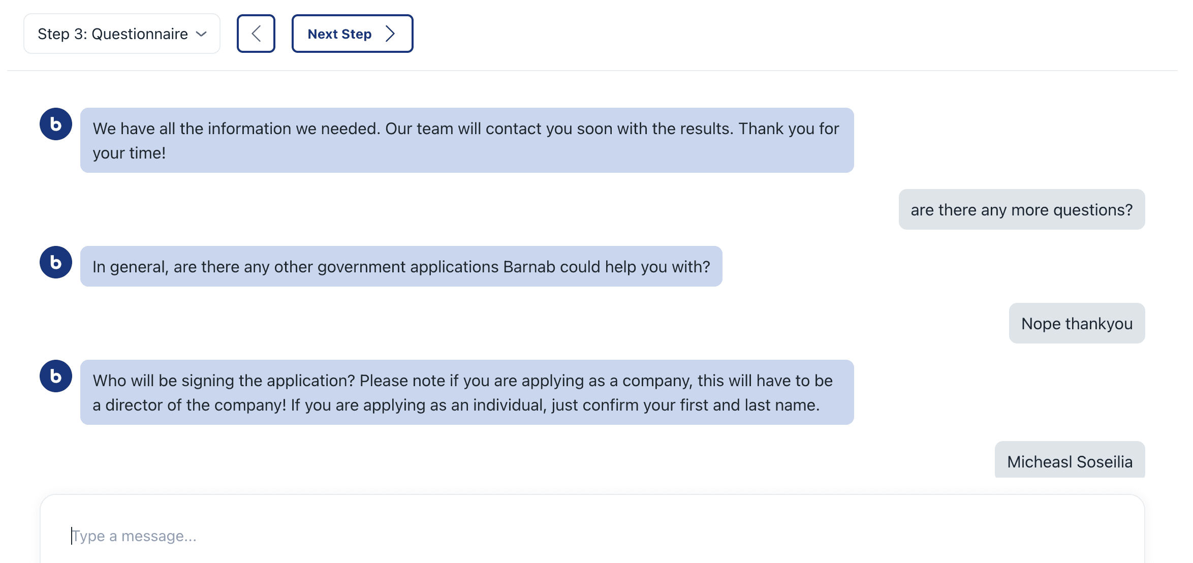 Barnab chat interface used for interacting with users and filling out the government forms.