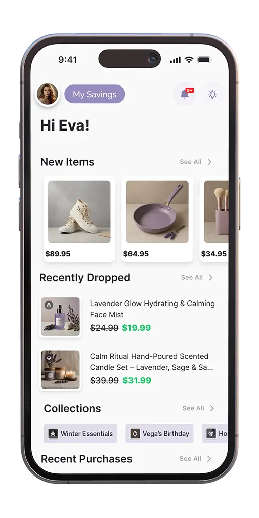 Whisprice wishlist app home screen with new items, recently dropped prices, collections and recent purchases