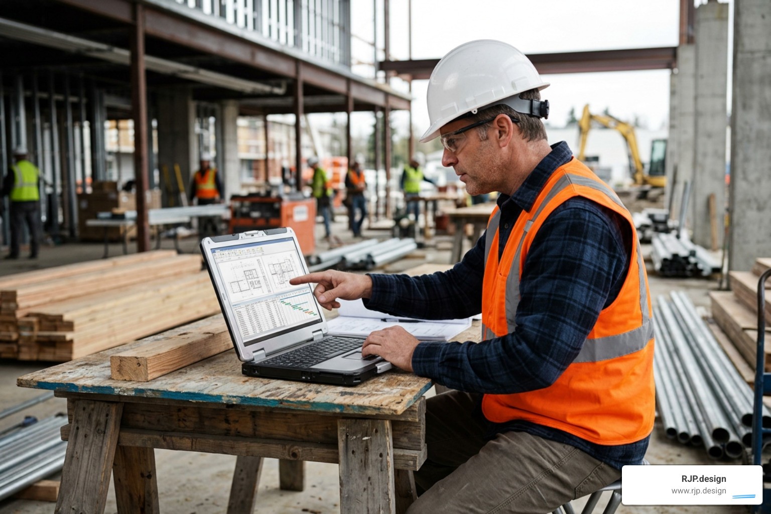 contractor reviewing project plans on a laptop
