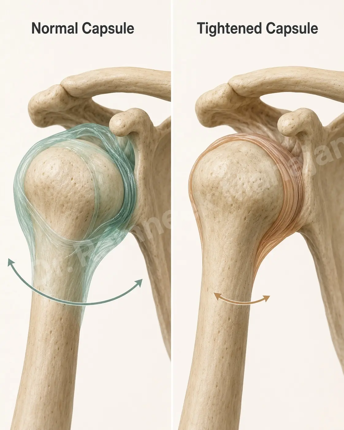 In a frozen shoulder the joint capsule thickens and tightens, leaving far less room to move than a normal, loose capsule.