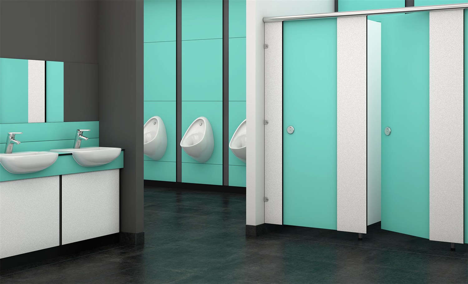Refined cubicles with duct panelling and vanity unit in a peacock blue SGL finish