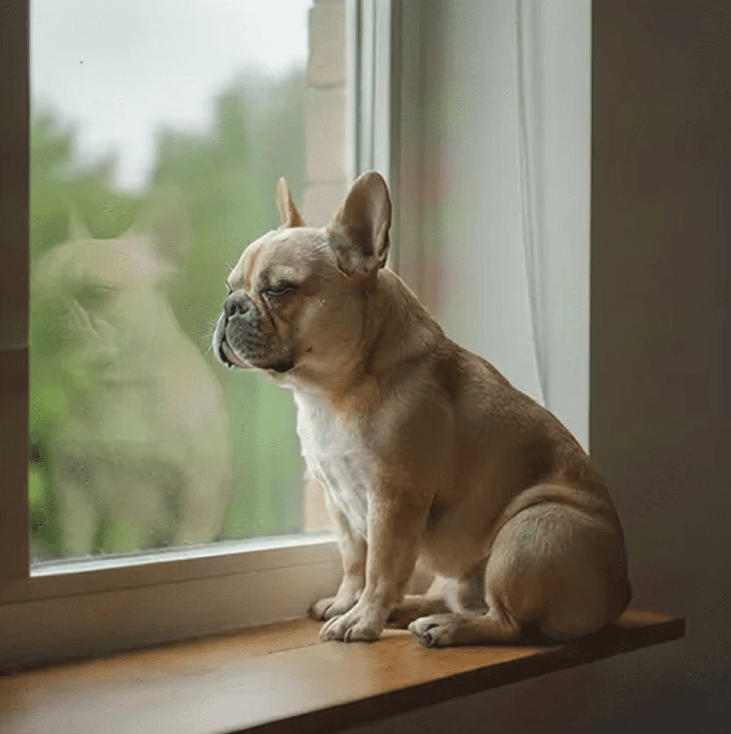 French Bulldog sitting by a window, looking outside in natural light.