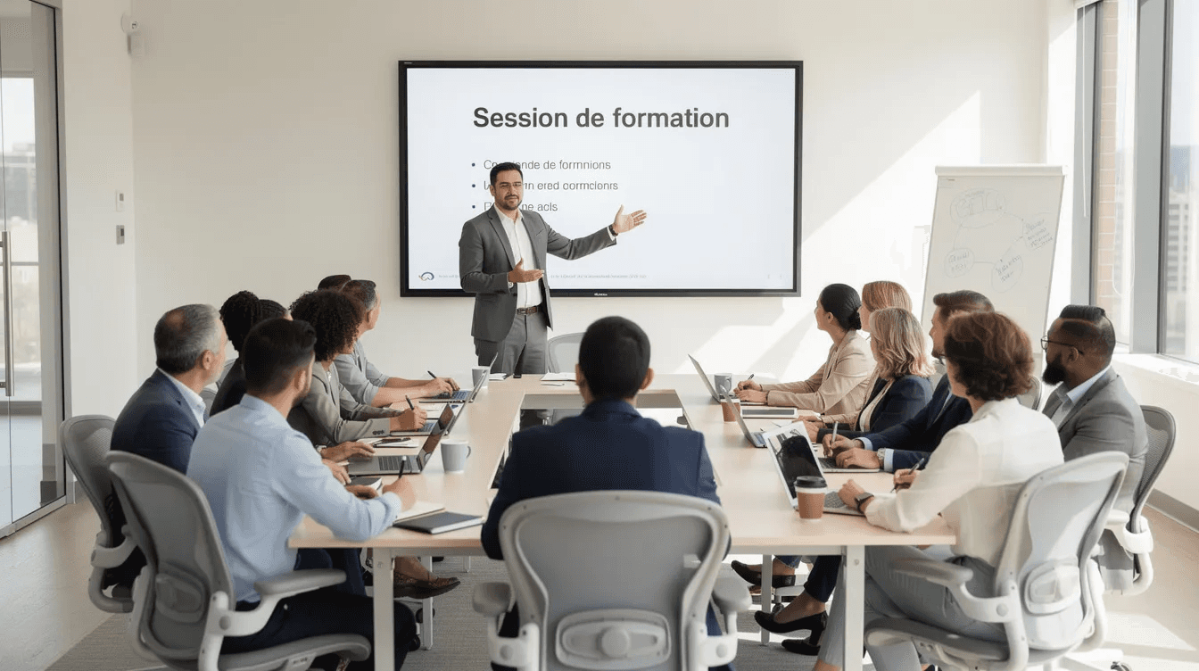 Un formateur professionnel d'adultes anime une session de formation dans une salle moderne, entouré d'apprenants attentifs. Cette formation vise à développer les compétences des participants dans un cadre pédagogique dynamique et interactif.