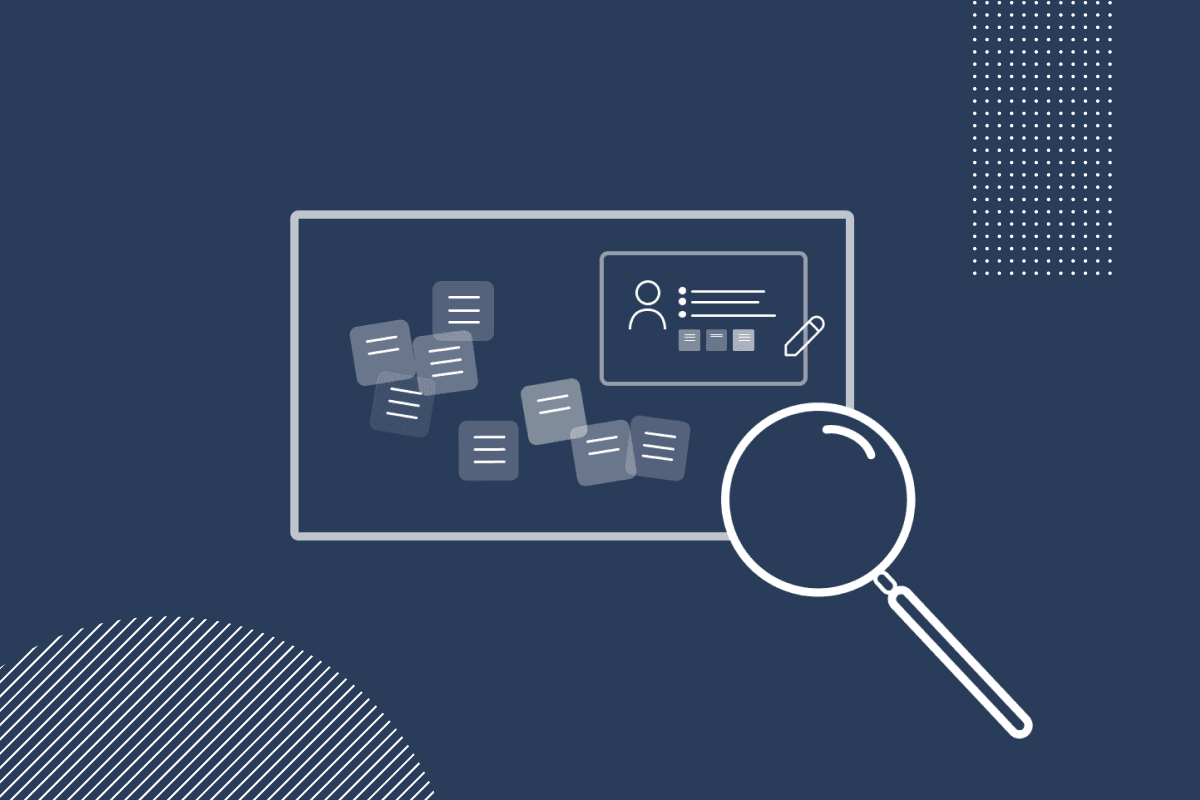 A decorative illustration of a pinboard containting notes with a magnifying glass held over it